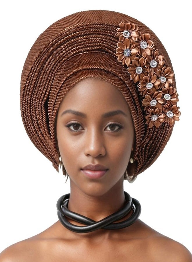 URAWOW Auto Gele Floral African Head Tie of Nigeria Aso Oke Headwraps Turban Wedding Party Flower Headwear Hijab for Women - Image 1
